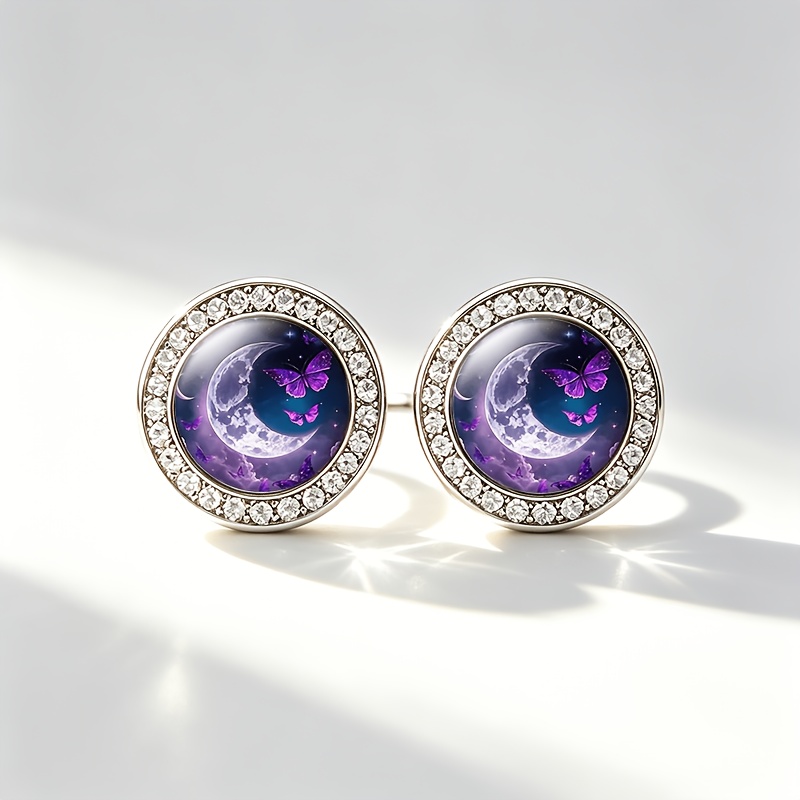 2pcs Purple Butterfly Crescent Glass Stud Earrings Set